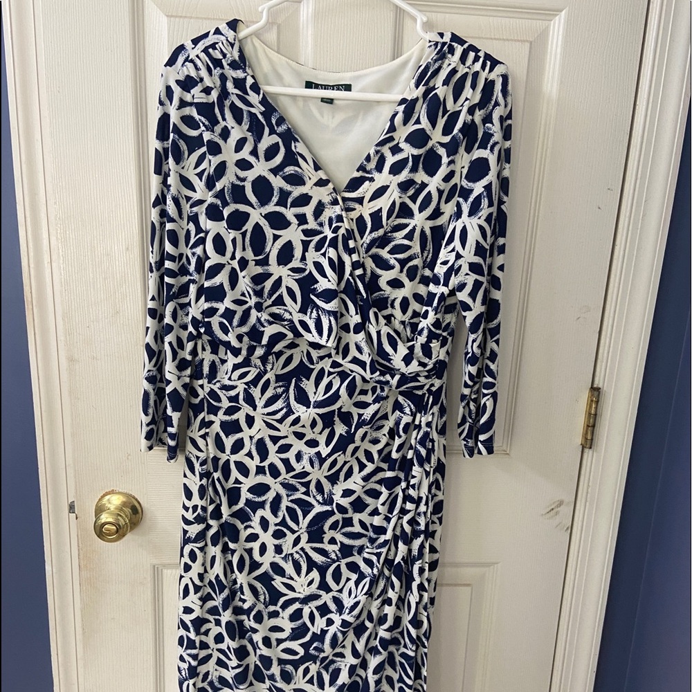 Navy and white faux wrap dress